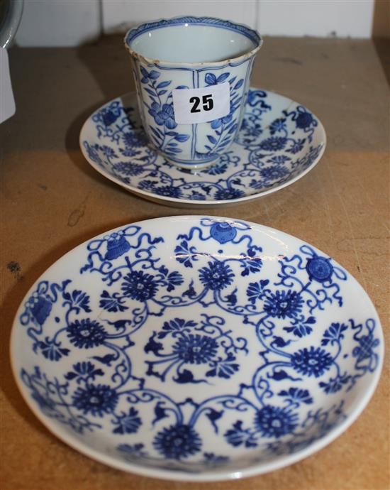 2 Chinese blue and white saucer dishes and Kangxi cup(-)